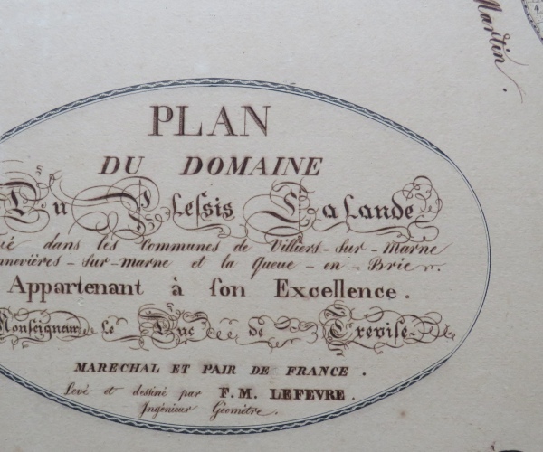 Frankrijk, Parijs, Plessis-Trévise; "Plan Du Domaine Du Plessis Lalande (..) Appartenant à son Excellence Monseigneur Le Duc de Trévise Maréchal et Pair de France." (verkocht)